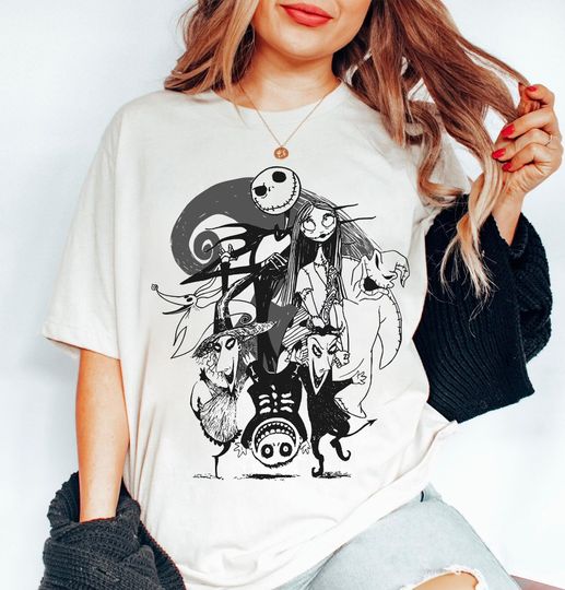 The Nightmare Before Christmas Group Characters Cotton Shirt, Comfortable Short Sleeve Sports Tee for Men, Women, Unisex - Trending Halloween Gifts