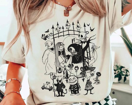 Nightmare Before Christmas Characters Cotton Shirt, Comfortable Short Sleeve Sports Tee for Men, Women, Unisex - Trending Halloween Gifts