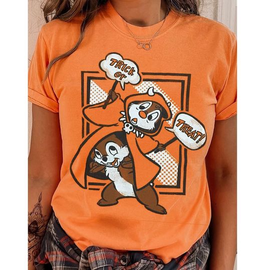 Trick or Treat Chip and Dale Disney Halloween Cotton Shirt, Comfortable Short Sleeve Sports Tee for Men, Women, Unisex - Trending Halloween Gifts