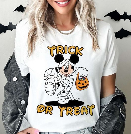 Funny Trick Or Treat Mickey Disney Cotton Shirt, Comfortable Short Sleeve Sports Tee for Men, Women, Unisex - Disneyland Halloween 2024 Party Shirt