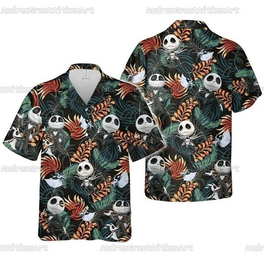 Jack Skellington Tropical Hawaiian Shirt, Button Down Short Sleeve Hawaiian for Men, Women, Kids, Trending Casual Fashion