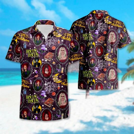Hocus Pocus Hawaiian Shirt, Sanderson Sisters Button Down Short Sleeve Hawaiian, Halloween Gift