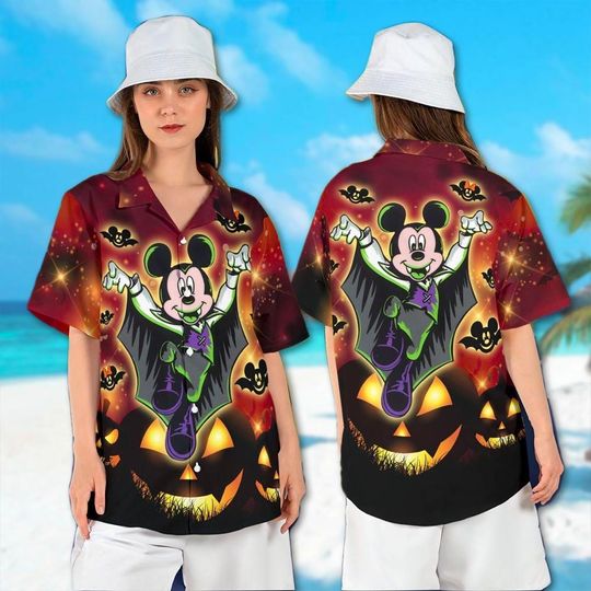 Halloween Mickey Vampire Hawaiian Shirt, Mickey Mouse Halloween Button Down Short Sleeve Hawaiian, Halloween Party Gift