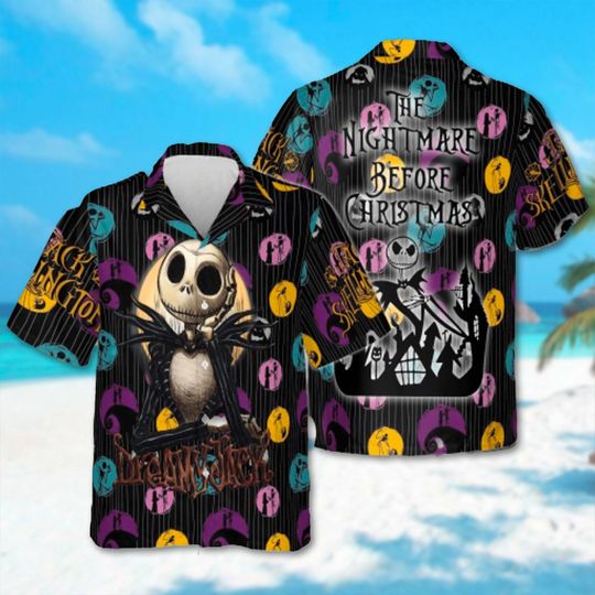 The Nightmare Before Christmas Hawaiian, Jack Skellington Halloween Button Down Short Sleeve Hawaiian, Halloween Party Gift