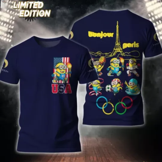 Bounjour Team USA Olympic Paris 2024 Minion 3D T- Shirt | Olympic Support Shirt | Team USA Olympic 2024 Shirt