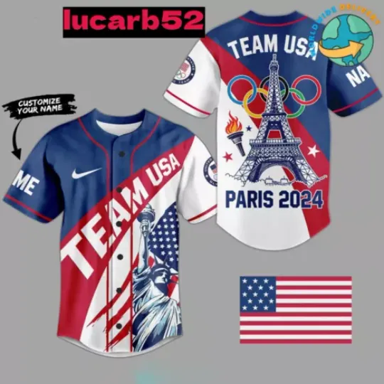 Personalized 2024 Paris Olympic Shirt, USA Eiffel Tower Baseball Jersey Shirt