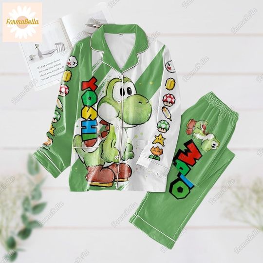 Halloween Yoshi Mario Pajamas Set, Supper Mario Pajamas, Super Mario Bros Pjs, Long Sleeve Pyjamas, Gaming Pajamas, Pajamas For Party