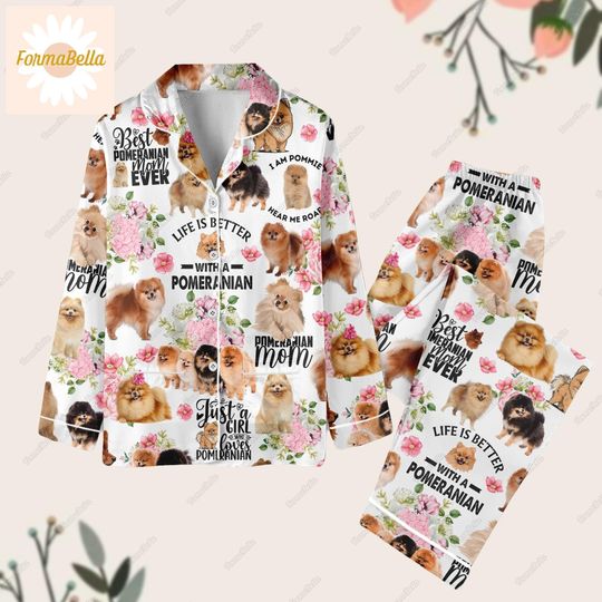 Pomeranian Dog Pajamas Set, Pomeranian Pajamas Pants, Pomeranian Mom Pajamas, Cute Dog Pajamas, Pajama Set Women, Pomeranian Dog Gifts
