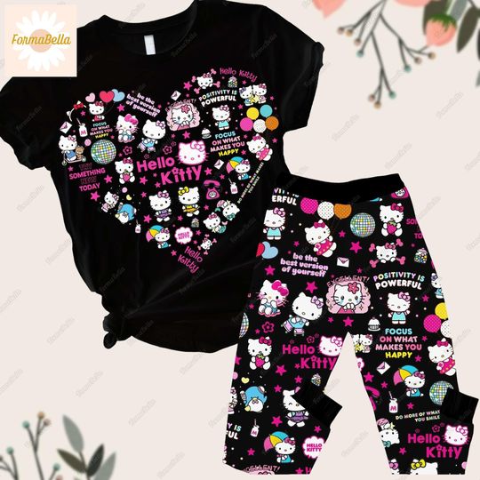 Halloween Hello Kitty Pajamas Set, Hello Kitty Pajamas Pants, Kitty Cat Pjs, Hello Kitty Shirt, Pajama Set Women, Gift For Her