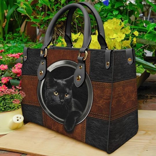 Cat Leather Handbag, Black Cat bag, Cat Mom, Cat Leather Bag ,Women Personalized Leather bag