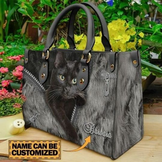 Cat Leather Handbag, Black Cat bag,Personalized Gift for Cat Lovers, Cat Mom, Cat Leather Bag ,Women Personalized Leather bag