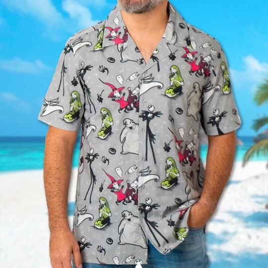 Nightmare Before Christmas Hawaiian Shirt, Jack Skellington & Sally Hawaii Shirt, Oogie Boogie Shirt, Horror Character Halloween Party Gift