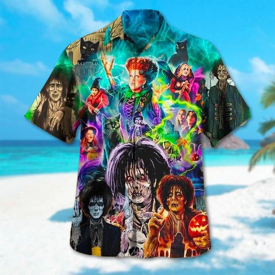 Hocus Pocus Halloween Hawaii Shirt, Sanderson Sisters Hawaii Shirt, Horror Character Movie Shirt, Hocus Pocus Button Up T-Shirt