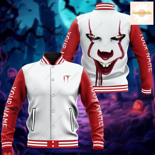 Halloween Personalized Pennywise Baseball Jacket, Pennywise IT Jacket Men, Horror Scary Baseball Jacket, Halloween Outfit For Men