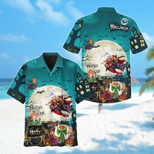 Hocus Pocus Halloween Night Hawaiian Shirt, Horror Movie Character Halloween Hawaii Shirt, Sanderson Sisters All Over Print Button Up Shirt