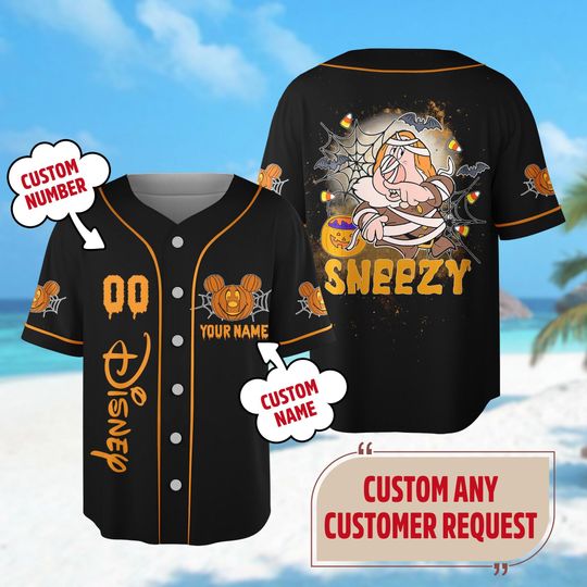 Custom Sneezy Halloween Baseball Jersey, Seven Dwarfs Baseball Jersey Team, Sneezy Dwarfs Shirt, Halloween Party Gift, Magic Kingdom Shirt