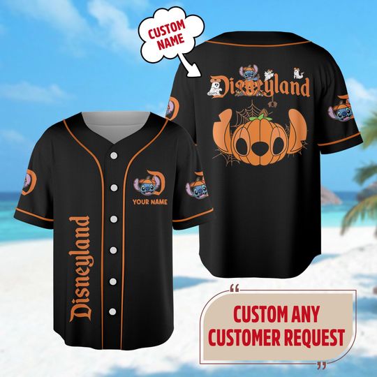 Personalized Stitch Halloween Baseball Jersey, Stitch Pumpkin Basketball Jersey, Funny Stitch Head Baseball Shirt, Magic Kingdom Shirt