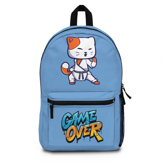 Gaming Backpack, Game Over Karate Cat on Blue Pack, For school or fun. Bag color options available separately listed