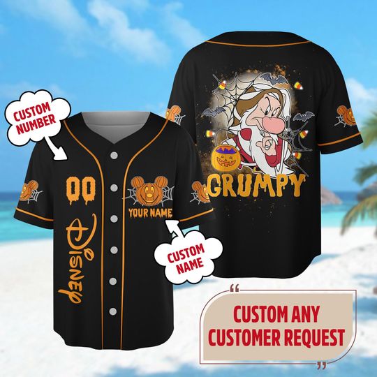 Custom Grumpy Dwarfs Baseball Jersey, Seven Dwarfs Baseball Jersey Team, Grumpy Halloween Shirt, Halloween Party Gift, Magic Kingdom Shirt