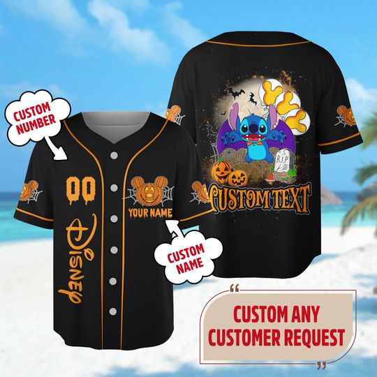 Custom Stitch Halloween Baseball Jersey, Stitch Pumpkin Halloween Jersey Shirt, Horror Party Gift, Trick or Treat Tee, Magic Kingdom Shirt