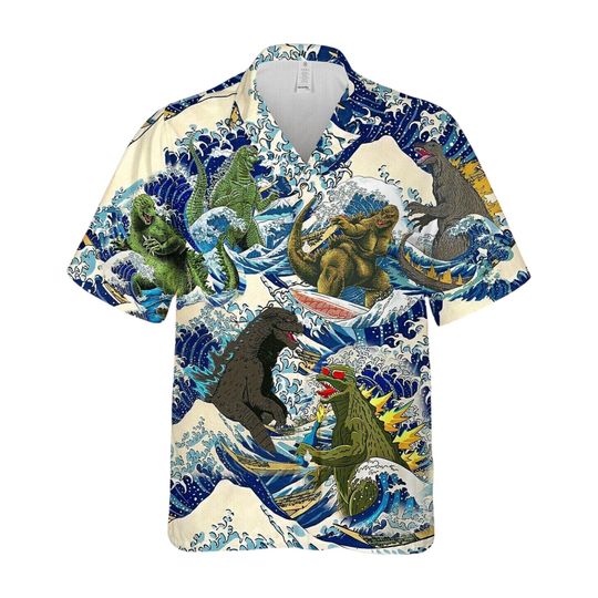 god zilla Surfing Hawaiian shirt, Hawaiian shirt Men's Hawaiian Shirt, Hawaiian Beach Shirt, Button Downs Shirt