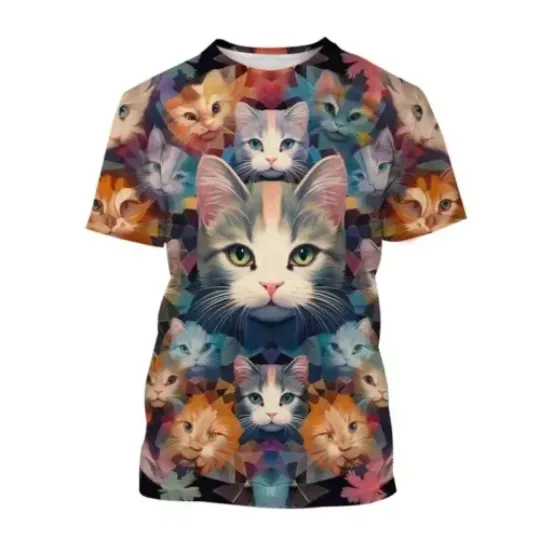 3D Fashion cartoon cat graphic T-shirt neutral printed round neck short sleeve