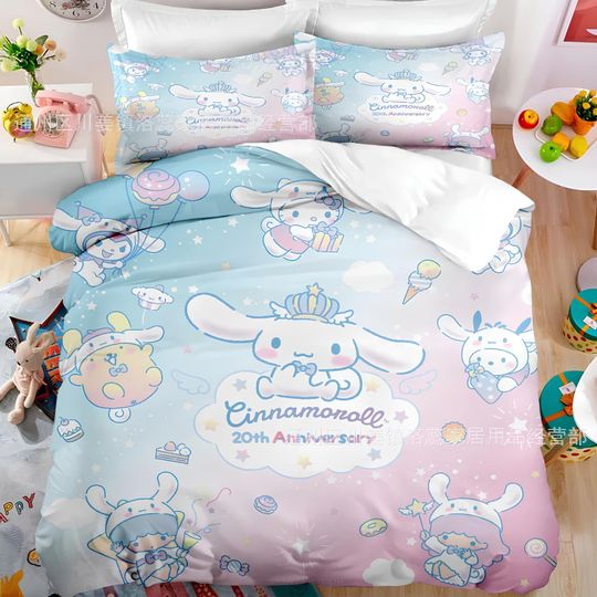 Sanrio Cinnamoroll Comfortable Three-Piece Bedding Set, Bedroom Decor, Gifts for Friends