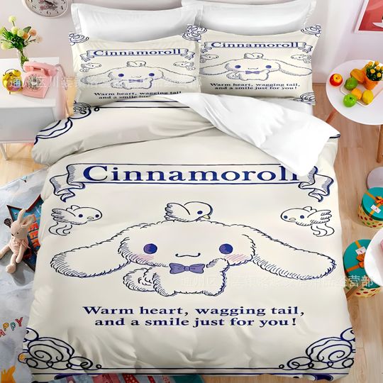Sanrio Cinnamoroll Comfortable Three-Piece Bedding Set, Bedroom Decor, Gifts for Friends