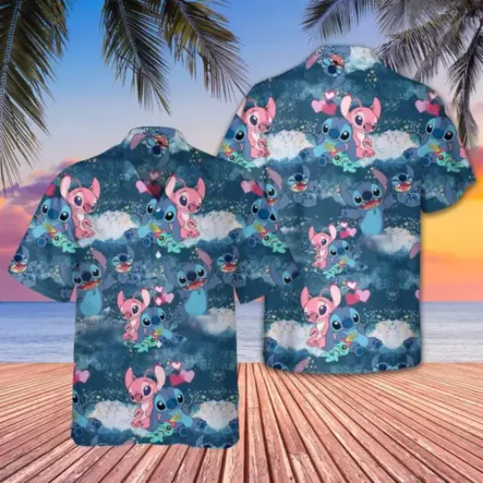 Stitch And Angel Cartoon Lilo And Stitch Aloha Means Family 3D HAWAI SHIRT