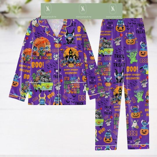 Halloween Stitch Pajamas Set, Stitch Costume Horror Characters Shirt, Disneyland Halloween Pajamas, Disney Spooky Season Pj Set