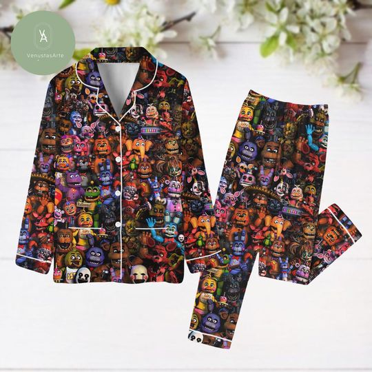 Halloween Five Nights At Freddys Pajamas Set, Fnaf Womens Pajamas, Horror Movie Shirt, Five Nights At Freddys Holiday Pajamas