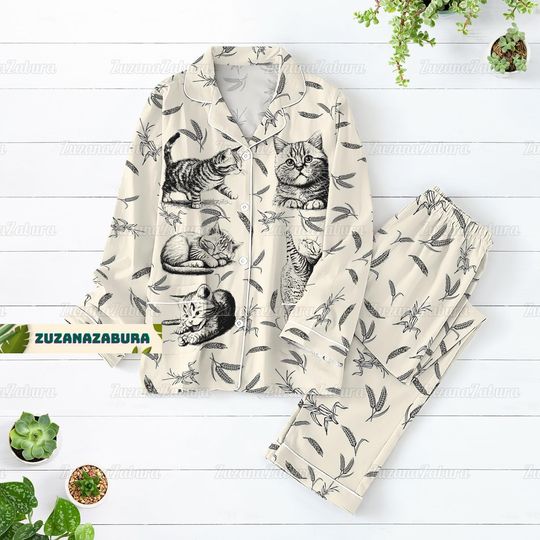 Cat Pajamas Set, Cat Shirt, Cat Mom Gift, Cat Pajamas, Cat Lover Gift, Cat Mom Shirt, Animal Pajamas Set, Animal Lover Gift,Mother Gift
