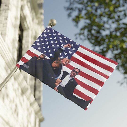 Patriotic American Flag with Trump Assassination Attempt Image - Bold Political Statement