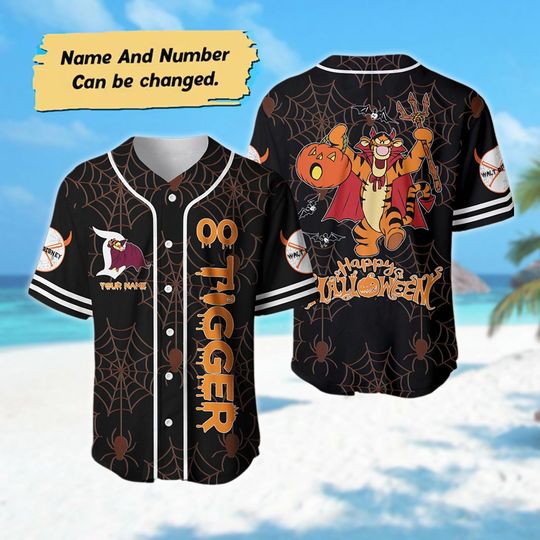 Personalized Tigger Halloween Baseball Jersey, Cartoon Jersey Shirt, Winnie the Pooh Baseball Jersey Team, Magic Kingdom Halloween Shirt