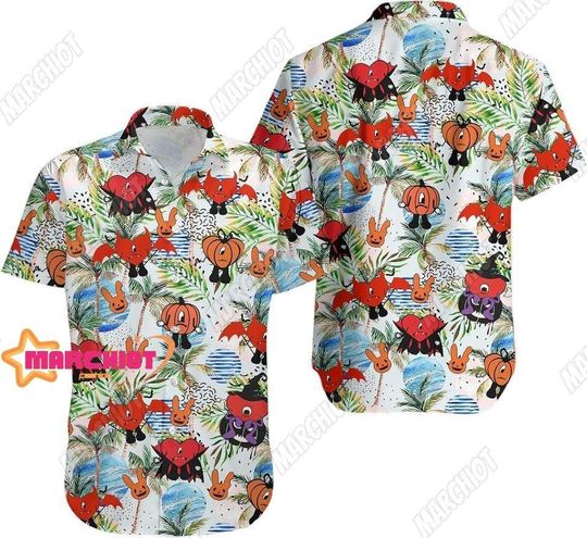 Halloween Bad Bunny Collared Button Down Short Sleeve Art Hawaiian Shirt For Unisex, Trending Casual Fashion