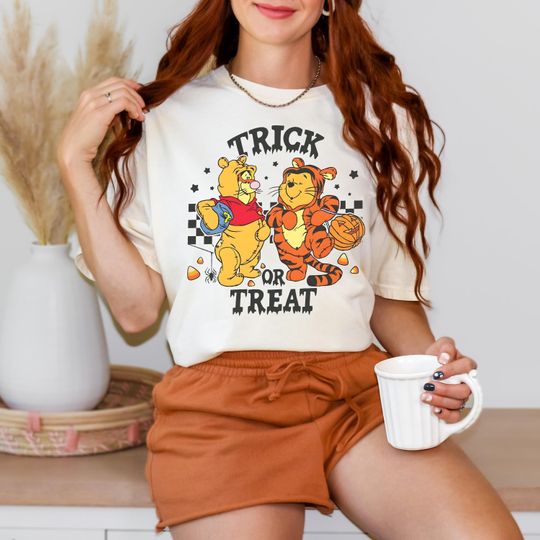 Halloween Trick Or Treat Winnie The Pooh And TiggerCotton Shirt, Comfortable Short Sleeve Sports Tee for Men, Women, Kids - Trending Street Fashion
