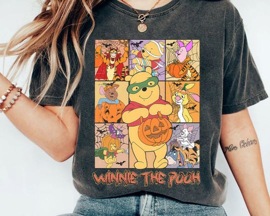 Vintage Disney Pooh Friends Tigger Piglet Eeyore Costume Skeleton In Pumpkin Shirt, Winnie The Pooh Halloween Shirt