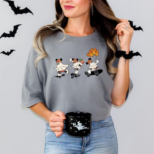 Comfort Colors Disney Halloween Mickey Ghost Skateboarding Shirt, Halloween Women's Shirt, Spooky Season Shirt, Halloween Disney Shirt