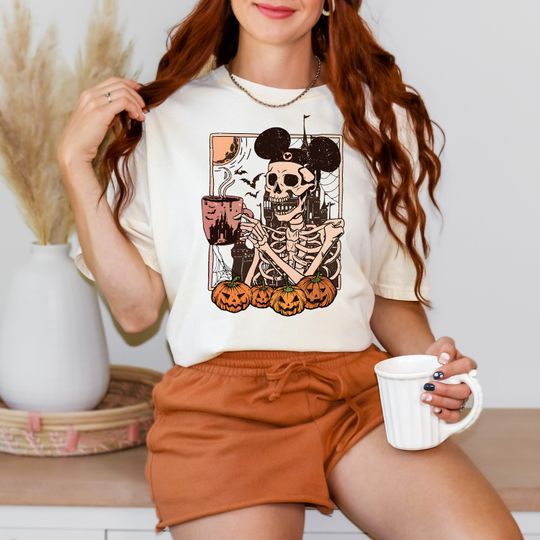 Comfort Colors Halloween Disney Mickey Skeleton Coffee Shirt, Retro Vintage Disney Halloween Mickey Shirt, Halloween Women's Shirt