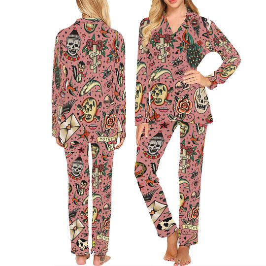 Women's Vintage Tattoo Flash Pajamas Set, Midnight Shirt, Pajamas Pants, Set Of Pajamas