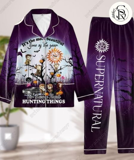 Supernatural Halloween Pajamas, Supernatural For Saving People Hunting Things, Winchester Brothers Holiday Pajamas, Sam Dean Set Of Pjs