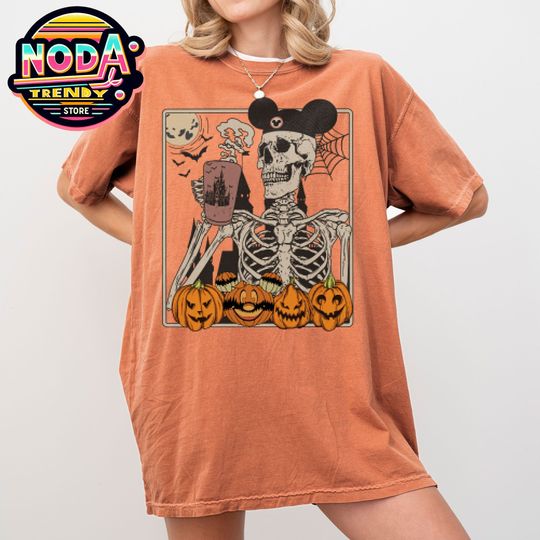Vintage Skeleton Drinking Coffee Disney Halloween Shirt, Mickey Skeleton Coffee T-shirt, Spooky Vibes, Disney Pumpkin Shirt, Disneyland Trip