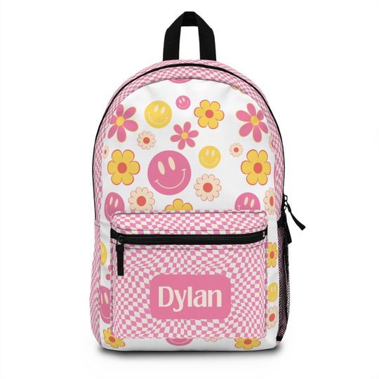 Personalized Backpack Kids RETRO Daisy Girls Boys Kids Nursery Children Pre School Rucksack School Bag Backpack Smiley Face Retro