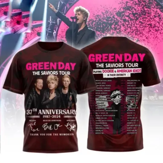 Green Day The Saviors Tour 37th Anniversary 1987-2024 Signature 3D Unisex Shirt