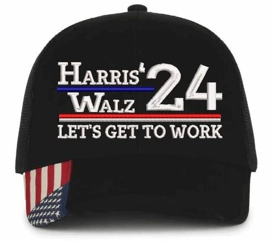 Harris Walz 2024 Embroidered Hat - Let's Get to Work Harris Walz Black Mesh Hat