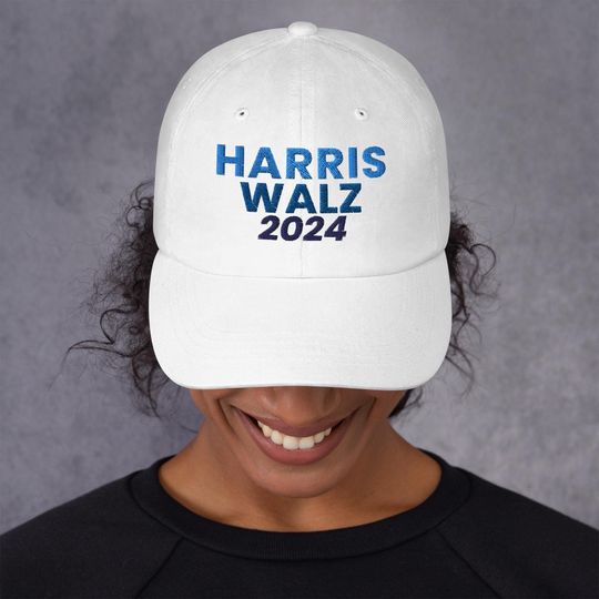 Kamala Harris Walz 2024 Embroidered Blue Text Dad hat for men or women White Blue or Khaki cap