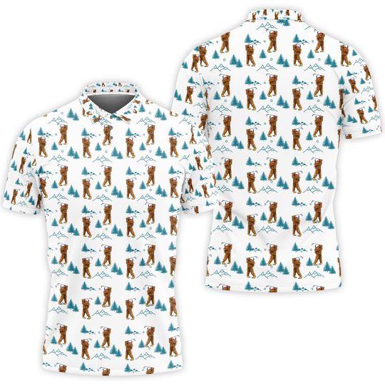 Bigfoot Golf Polo Shirts for Men, Bigfoot Sasquatch Golf Player Polo Shirts