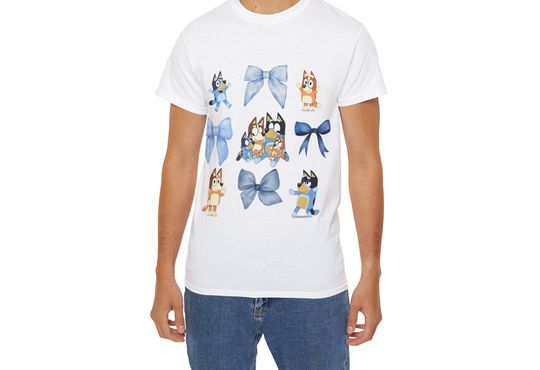 BlueyDad and Bows Cotton Shirt, Comfortable Short Sleeve Sports Tee for Men, Women, Unisex