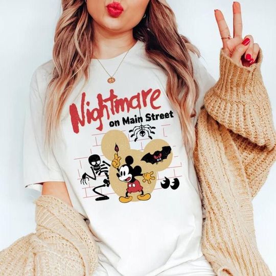 Funny Nightmare On Main Streat Mickey Disney Halloween Cotton Shirt, Comfortable Short Sleeve Sports Tee for Men, Women, Unisex