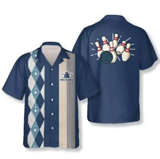 Blue Argyle 1950s Custom Bowling 3D Hawaiian Shirt